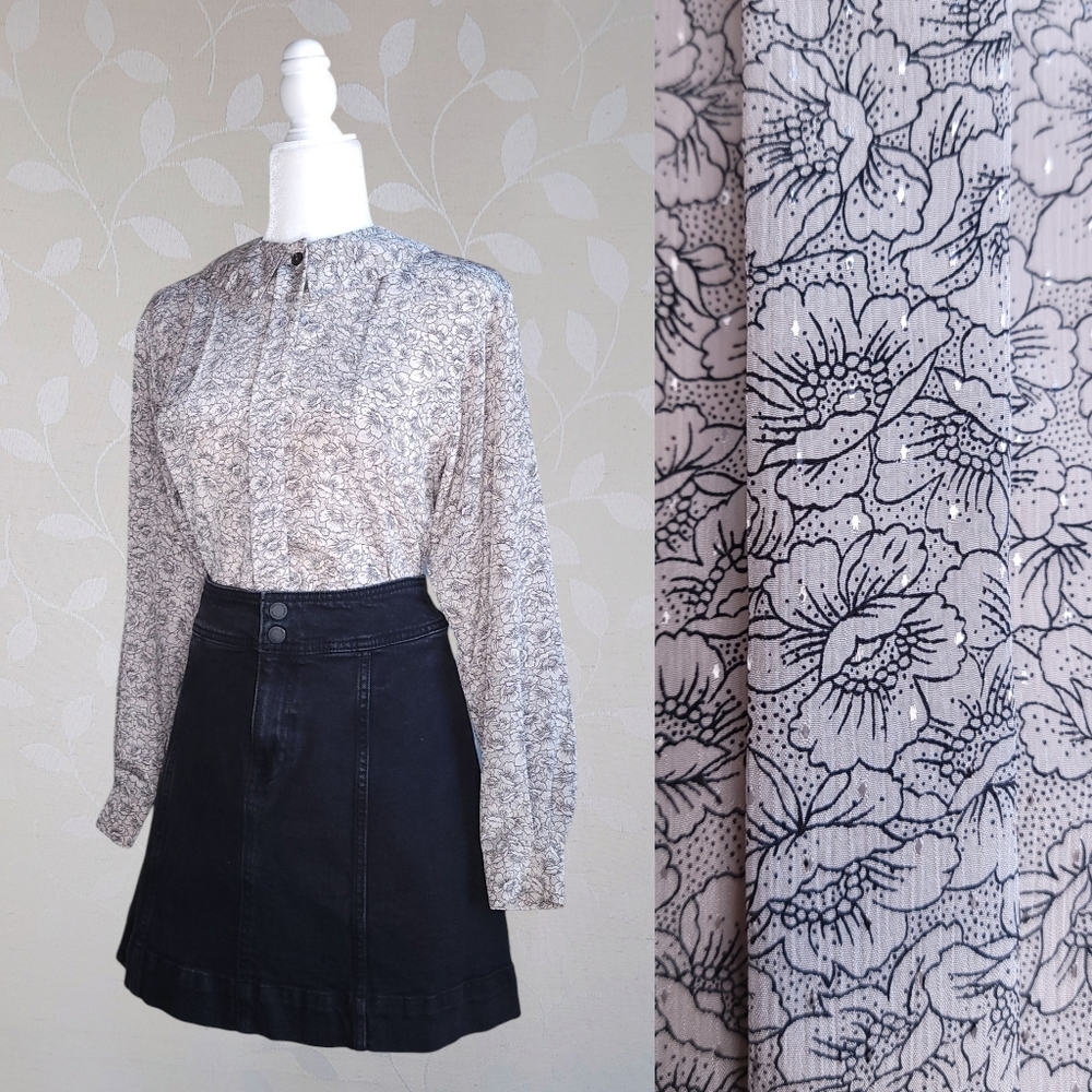 Vintage 60s 70s Pilgrim Collar Pleated Floral Print Blouse Jaeger Taupe